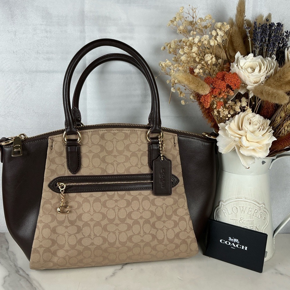 Coach Elise hand Crossbody Bag Brown Tan Signature Jacquard Satchel Fall Purse - Picture 3 of 10